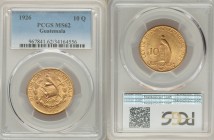 Republic gold 10 Quetzales 1926-(P) MS62 PCGS, Philadelphia mint, KM245. Mintage: 18,000. Soundly struck with clean obverse fields and full cartwheel ...
