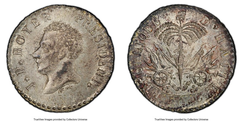 Republic 50 Centimes L'An 25 (1828) MS64 PCGS, KM20. Presently tied for the fine...
