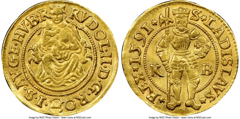 Rudolf II gold Ducat 1591-KB AU55 NGC, Kremnitz mint, Fr-63, Husz-1002. 3.49gm. ...