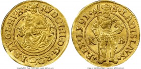 Rudolf II gold Ducat 1591-KB AU55 NGC, Kremnitz mint, Fr-63, Husz-1002. 3.49gm. Obv. Madonna seated. Rev. St. Ladislas standing, facing, holding halbe...