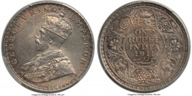 British India. George V Rupee 1911-(c) MS65+ PCGS, Calcutta mint, KM523. One year type, with teal and russet peripheral with peach-gray center toning....