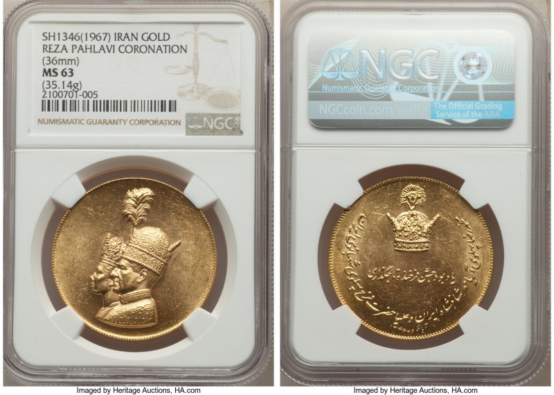 Muhammad Reza Pahlavi gold "Coronation" Medal SH 1346 (1967) MS63 NGC, 36mm. 35....