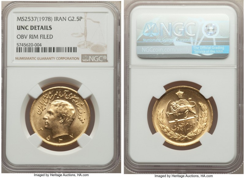 Muhammad Reza Pahlavi gold 2-1/2 Pahlavi MS 2537 (1978) UNC Details (Obverse Rim...