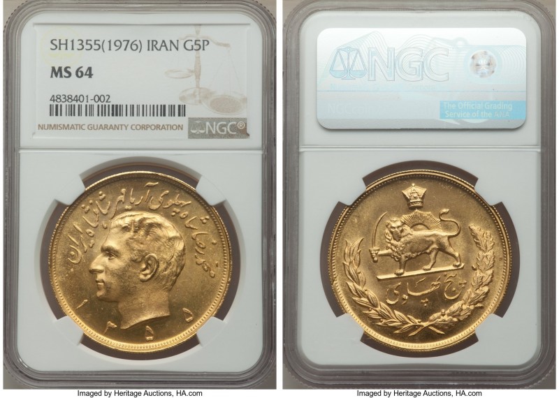 Muhammad Reza Pahlavi gold 5 Pahlavi SH 1355 (1976) MS64 NGC, KM1202. AGW 1.1771...