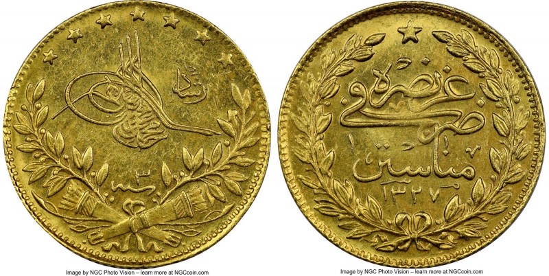 Ottoman Empire. Mehmed V gold "Mint Visit" 50 Kurush AH 1327 Year 3 (1911/1912) ...