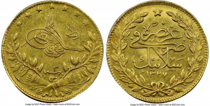 Ottoman Empire. Mehmed V gold "Mint Visit" 50 Kurush AH 1327 Year 3 (1911/1912) ...