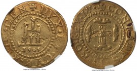 Genoa. Biennial Doges gold Overstruck Doppia 1595 XF45 NGC, Fr-149, MIR-205/26 (R). 6.65gm. Expressing appealing centering with nearly the full outer ...