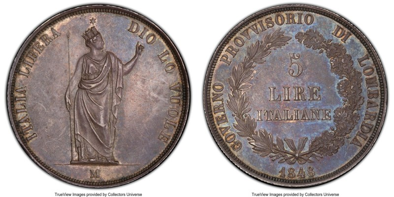 Lombardy-Venetia. Republic 5 Lire 1848-M MS63 PCGS, Milan mint, KM-C22.1. Short ...