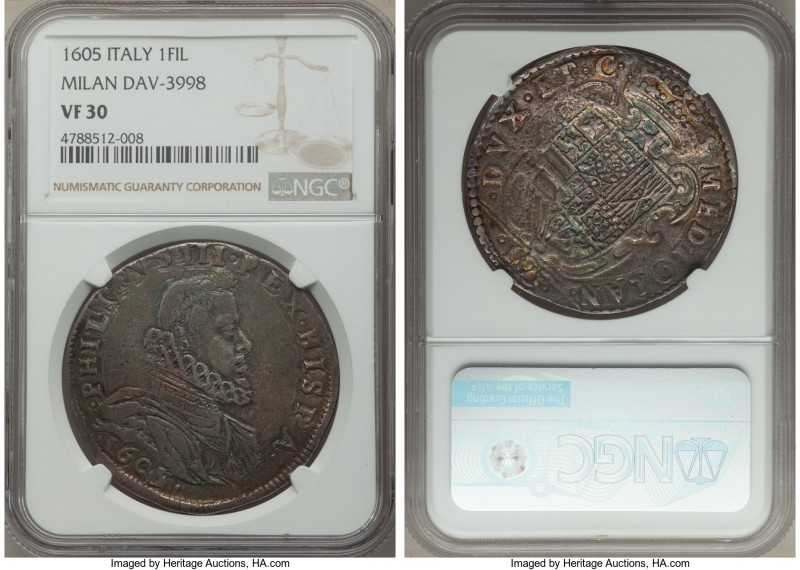 Milan. Philip III of Spain Filippo (100 Soldi) 1605 VF30 NGC, Milan mint, KM13, ...
