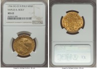 Naples & Sicily. Ferdinand IV gold 6 Ducati 1766 DG-CCR MS63 NGC, Naples mint, KM167, Fr-846. Minorly adjusted across the king's bust, though otherwis...