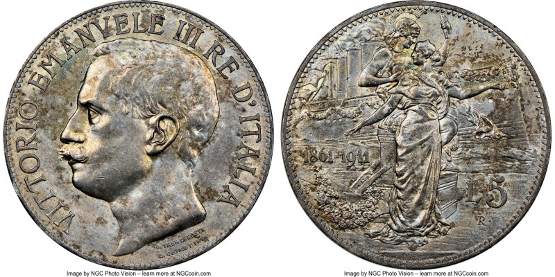 Vittorio Emanuele III 5 Lire 1911-R MS63 NGC, Rome mint, KM53. Although hazy, th...