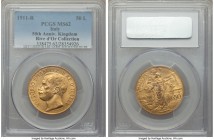 Vittorio Emanuele III gold "Kingdom Anniversary" 50 Lire 1911-R MS62 PCGS, Rome mint, KM54. A boldly struck specimen with only a scattering of light b...