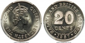 Elizabeth II Specimen 20 Cents 1957-KN SP66 PCGS, Kings Norton mint, KM3. Very seldom encountered as a specimen striking, this elite gem boasts an int...