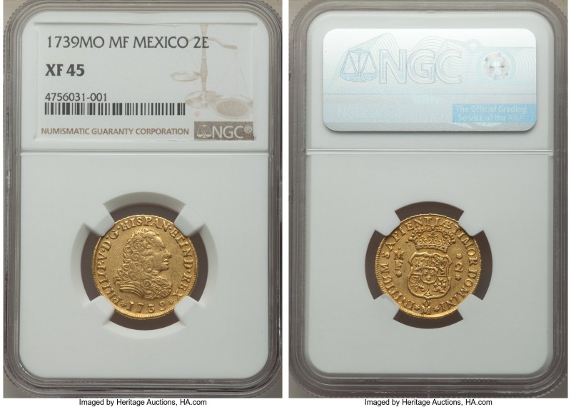 Philip V gold 2 Escudos 1739 Mo-MF XF45 NGC, Mexico City mint, KM124. Lightly ci...