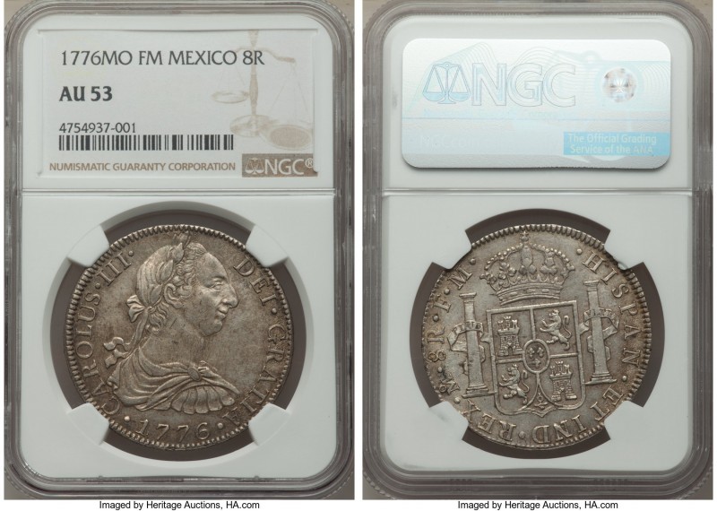 Charles III 8 Reales 1776 Mo-FM AU53 NGC, Mexico City mint, KM106.2. A popular a...