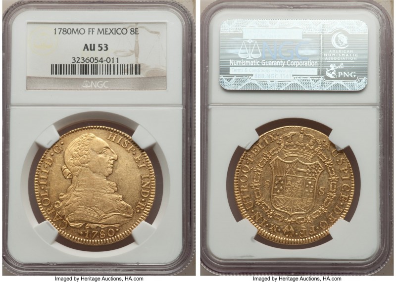 Charles III gold 8 Escudos 1780 Mo-FF AU53 NGC, Mexico City mint, KM156.2. A bri...