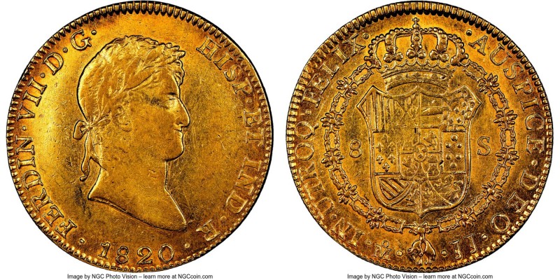 Ferdinand VII gold 8 Escudos 1820 Mo-JJ AU53 NGC, Mexico City mint, KM161, Fr-52...