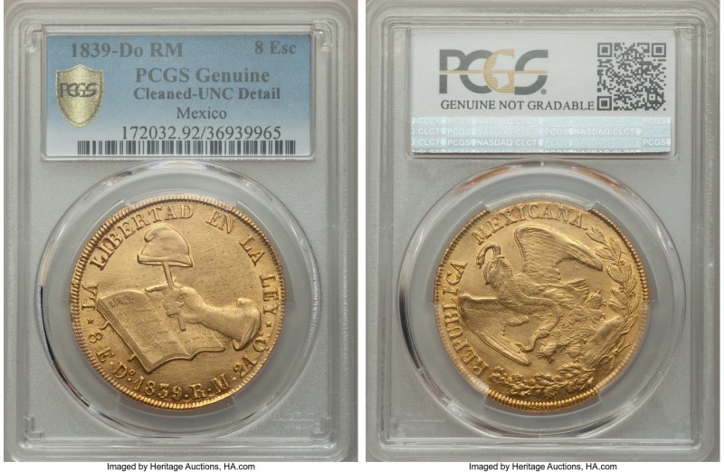 Republic gold 8 Escudos 1839 Do-RM UNC Details (Cleaning) PCGS, Durango mint, KM...