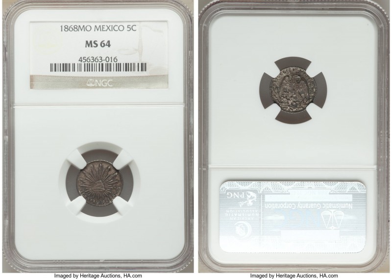 Republic 5 Centavos 1868-Mo MS64 NGC, Mexico City mint, KM397. Deeply toned surf...