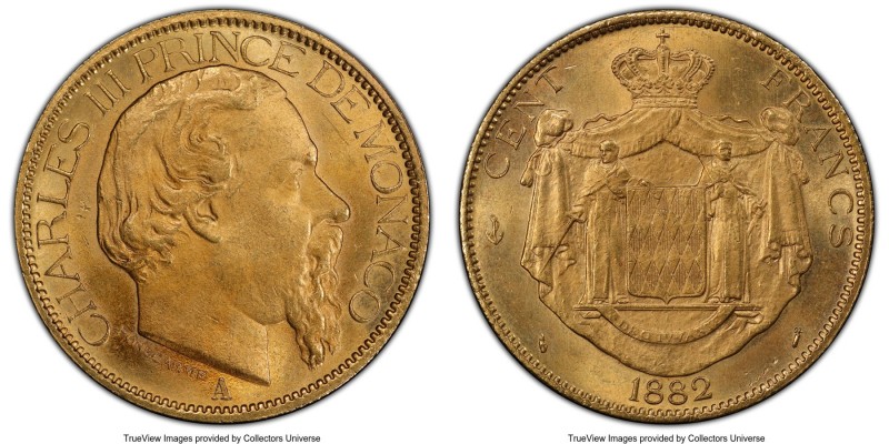 Charles III gold 100 Francs 1882-A MS62 PCGS, Paris mint, KM99. Mintage: 5,000. ...