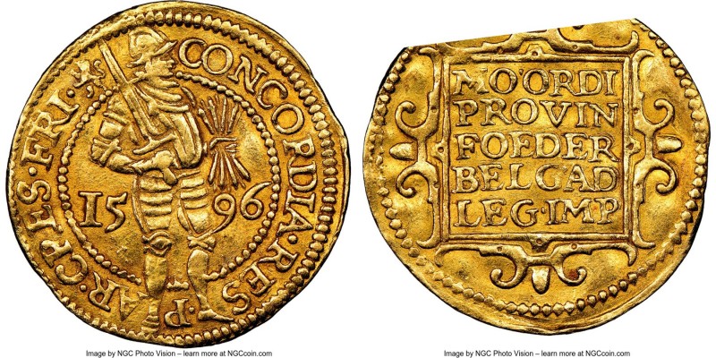 West Friesland. Provincial gold Ducat 1596 AU53 NGC, Fr-223. An alluring example...