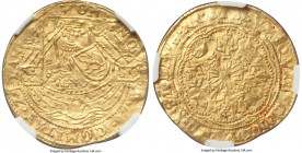 Zeeland. City gold Imitative 1/2 Rose Noble ND (1583-1585) AU55 NGC, Delm-872, PW-Ze13. 3.71gm. MON | NO | AVR • COMITAT • ZELAN, crowned armored figu...