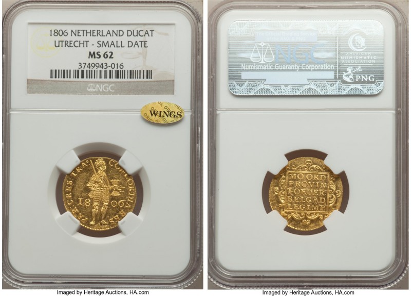 Batavian Republic. Utrecht gold Ducat 1806-B MS62 NGC, Utrecht mint, KM26.3. An ...