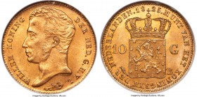 Willem I gold 10 Gulden 1825-B MS64 NGC, Brussels mint, KM56, Fr-329. Richly toned to an aged orange-gold, only the lightest instances of handling kee...