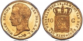 Willem I gold 10 Gulden 1828-B MS65 NGC, Brussels mint, KM56. Thickly frosted over the devices, resulting in a cameo-like effect that is admirable to ...