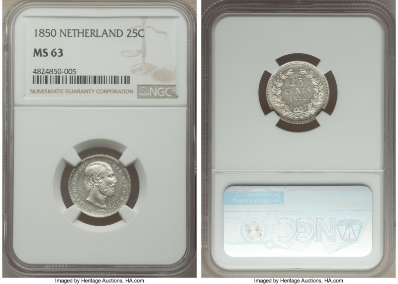 Willem III 25 Cents 1850 MS63 NGC, KM81. A superb Mint State example of this exc...