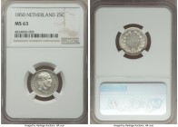 Willem III 25 Cents 1850 MS63 NGC, KM81. A superb Mint State example of this exceedingly rare type. By far the finest of the date we have seen, and in...
