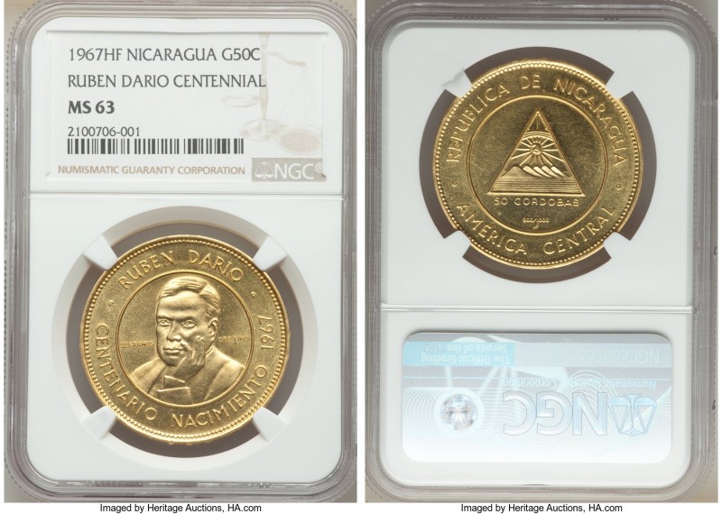 Republic gold "Ruben Dario Centennial" 50 Cordobas 1967-HF MS63 NGC, Huguenin Fr...