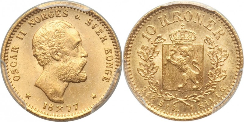 Oscar II gold 10 Kroner 1877 MS64 PCGS, Kongsberg mint, KM358, Fr-18. Mintage: 2...