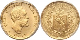 Oscar II gold 10 Kroner 1877 MS64 PCGS, Kongsberg mint, KM358, Fr-18. Mintage: 20,000. The lowest mintage date of this only two-year type, appearing s...