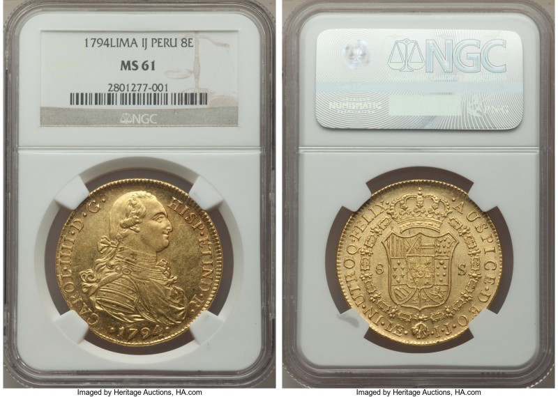 Charles IV gold 8 Escudos 1794 LM-IJ MS61 NGC, Lima mint, KM101. Simply lovely a...