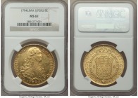 Charles IV gold 8 Escudos 1794 LM-IJ MS61 NGC, Lima mint, KM101. Simply lovely as an example of the type, sun-yellow fields abounding with watery lust...