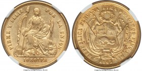 Republic gold 10 Soles 1863 LIMA-YB AU58 NGC, Lima mint, KM193. Light wear to the higher points with nearly full luster residing in the fields. 

HI...