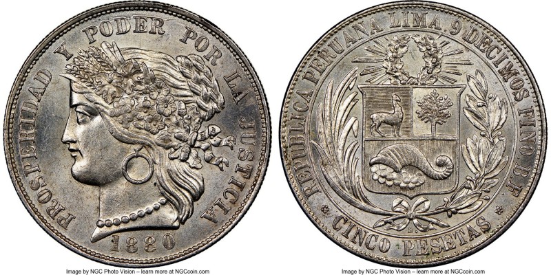 Republic 5 Pesetas 1880 B-BF MS64 NGC, Lima mint, KM201.2. Variety with dot afte...