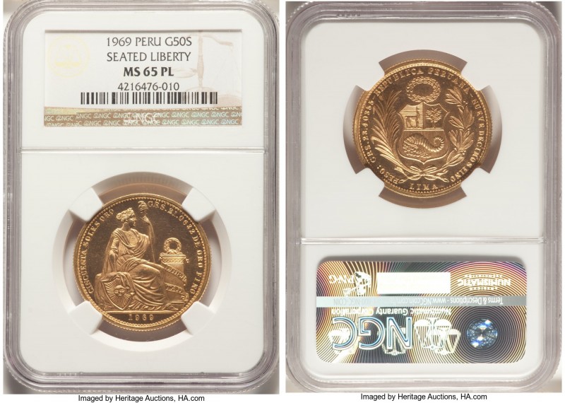 Republic gold 50 Soles 1969 MS65 Prooflike NGC, Lima mint, KM230. Mintage: 443. ...