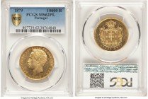 Luiz I gold 10000 Reis 1879 MS62 Prooflike PCGS, KM520. A noteworthy designation for this type, unknown in Proof format. AGW 0.5229 oz. 

HID0980124...