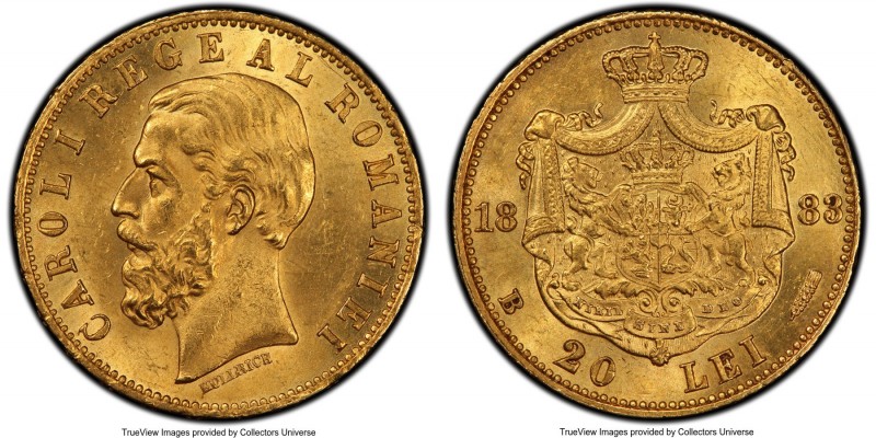Carol I gold 20 Lei 1883-B MS64 PCGS, Bucharest mint, KM20. Stemming from just a...