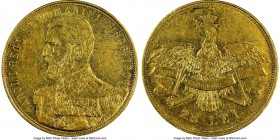 Carol I gold 25 Lei 1906 AU53 NGC, KM38. A scarce type struck in very low relief, appearing here with slight wear and bright sun-yellow surfaces. AGW ...