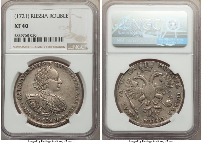 Peter I Rouble ΑΨKA (1721) XF40 NGC, Kadashevsky mint, KM157.5, Bit-444. Variety...