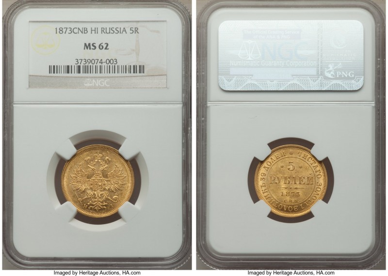 Alexander II gold 5 Roubles 1873 CΠБ-HI MS62 NGC, St. Petersburg mint, KM-YB26, ...