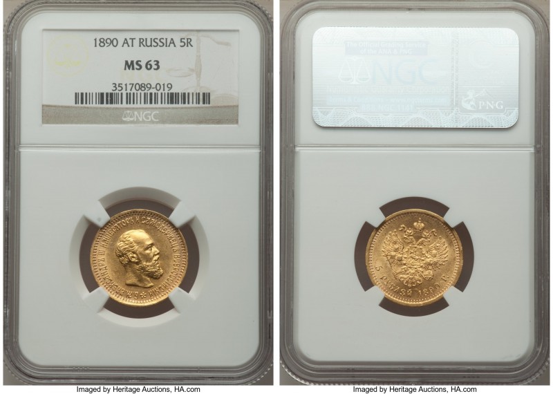 Alexander III gold 5 Roubles 1890-AΓ MS63 NGC, St. Petersburg mint, KM-Y42, Bit-...