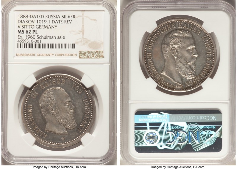Alexander III silver "Visit to Germany" Medal 1888-Dated MS62 Prooflike NGC, Mar...
