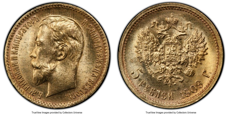 Nicholas II gold 5 Roubles 1909-ЭБ MS65 PCGS, St. Petersburg mint, KM-Y62, Bit-3...
