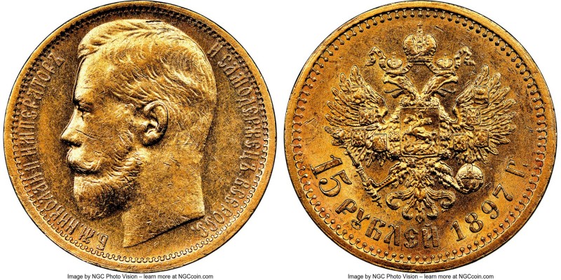 Nicholas II gold 15 Roubles 1897-AΓ MS61 NGC, St. Petersburg mint, KM-Y65.1, Bit...