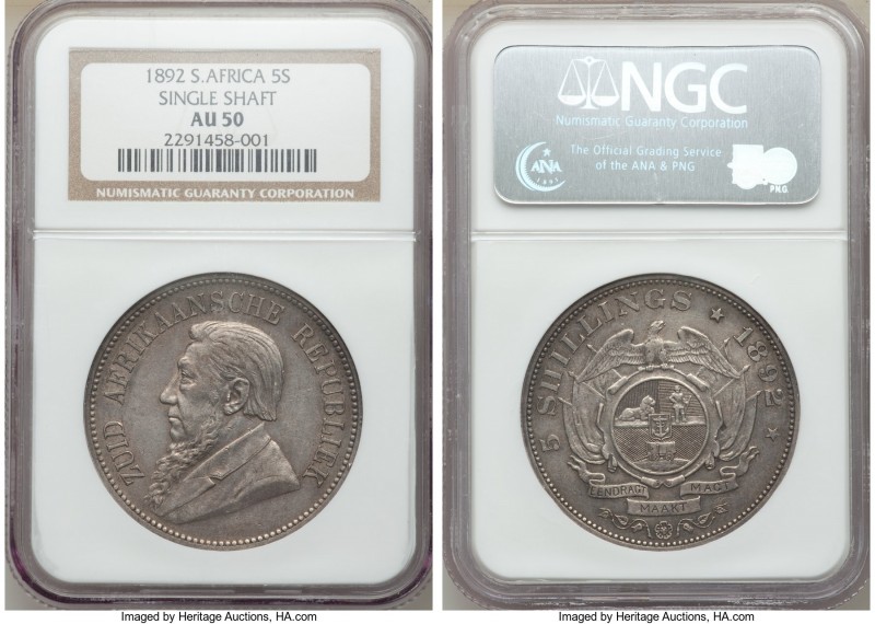 Republic "Single Shaft" 5 Shillings 1892 AU50 NGC, Berlin mint, KM8.1. Mintage: ...