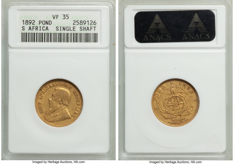 Republic gold "Single Shaft" Pond 1892 VF35 ANACS, Pretoria mint, KM10.2, Hern-Z...
